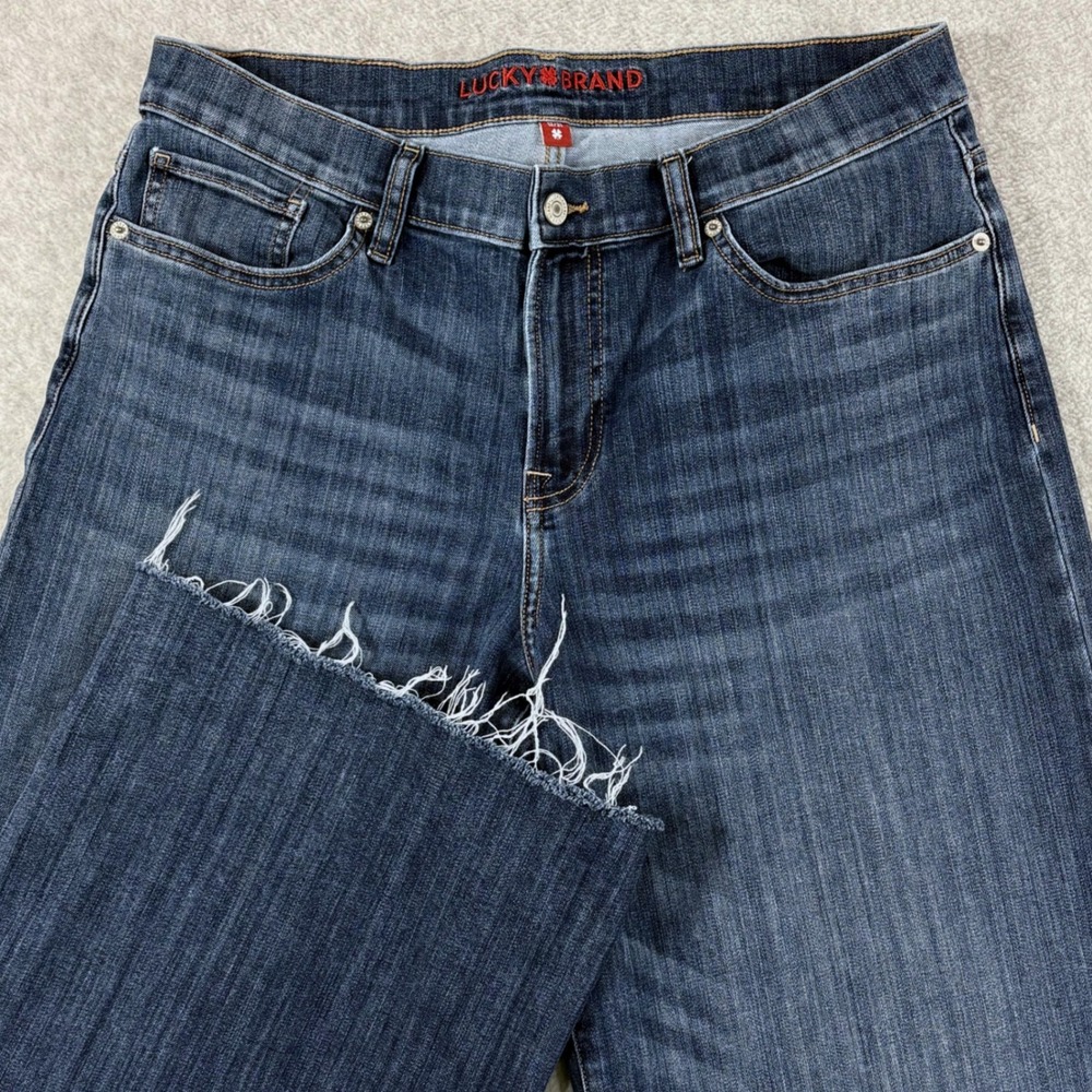 Lucky Brand Sweet Mid Rise Wide Leg Jeans Dark Wash Raw Hem 12/31